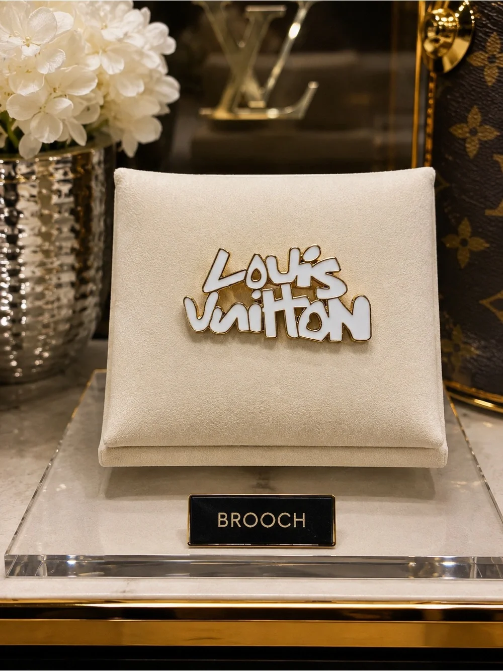 Luxury stamped LV White and Gold Logo Script Brooch
